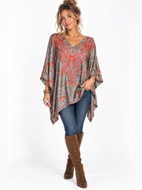 Sevya Silk Handmade Floral Embroidered Tunic Top, fair trade-India, one size